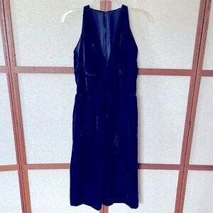 Vintage Blue Velvet Deep V Neckline Empire Waist Lined Sleeveless Midi Dress